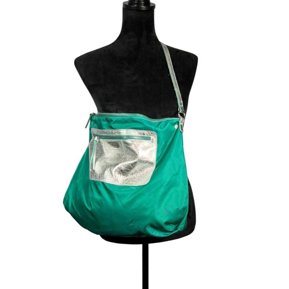 Green Nylon Bag Silver Leather Pocket Iacucci Made in Italy Foldable Packable
